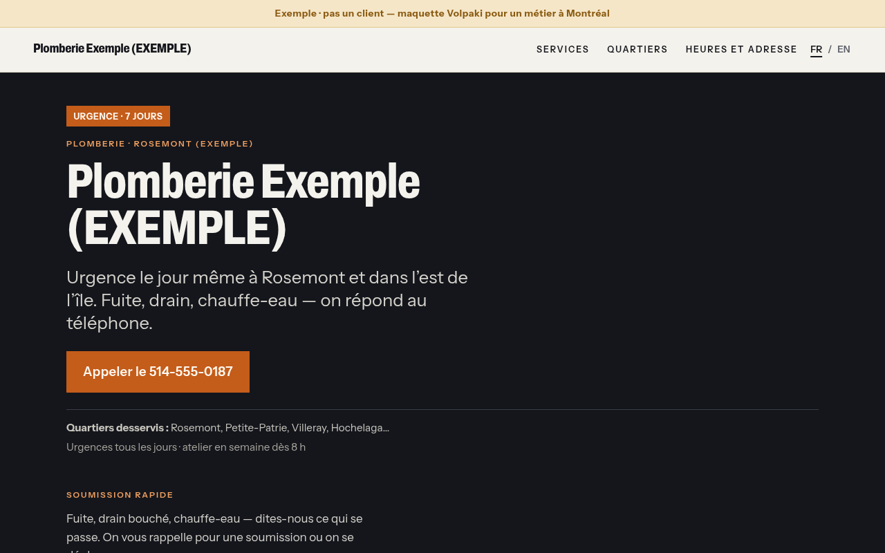 Maquette bureau : Plomberie Exemple à Rosemont — urgence, services, gros bouton téléphone